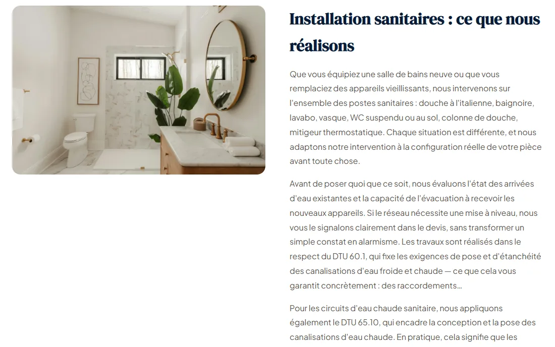 Page service Installation sanitaires du site démo — contenu rédigé et photo